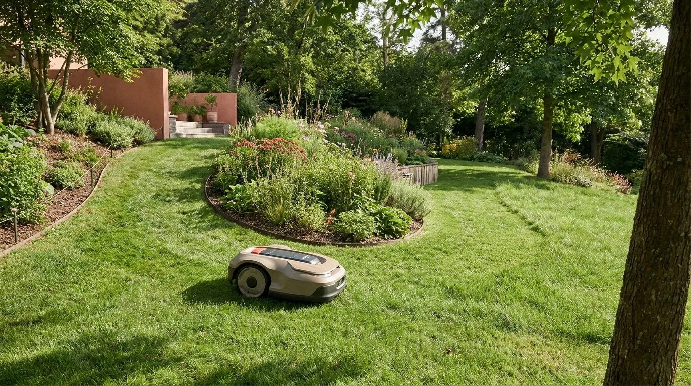 Robot tondeuse tondant le long d'une bordure de jardin