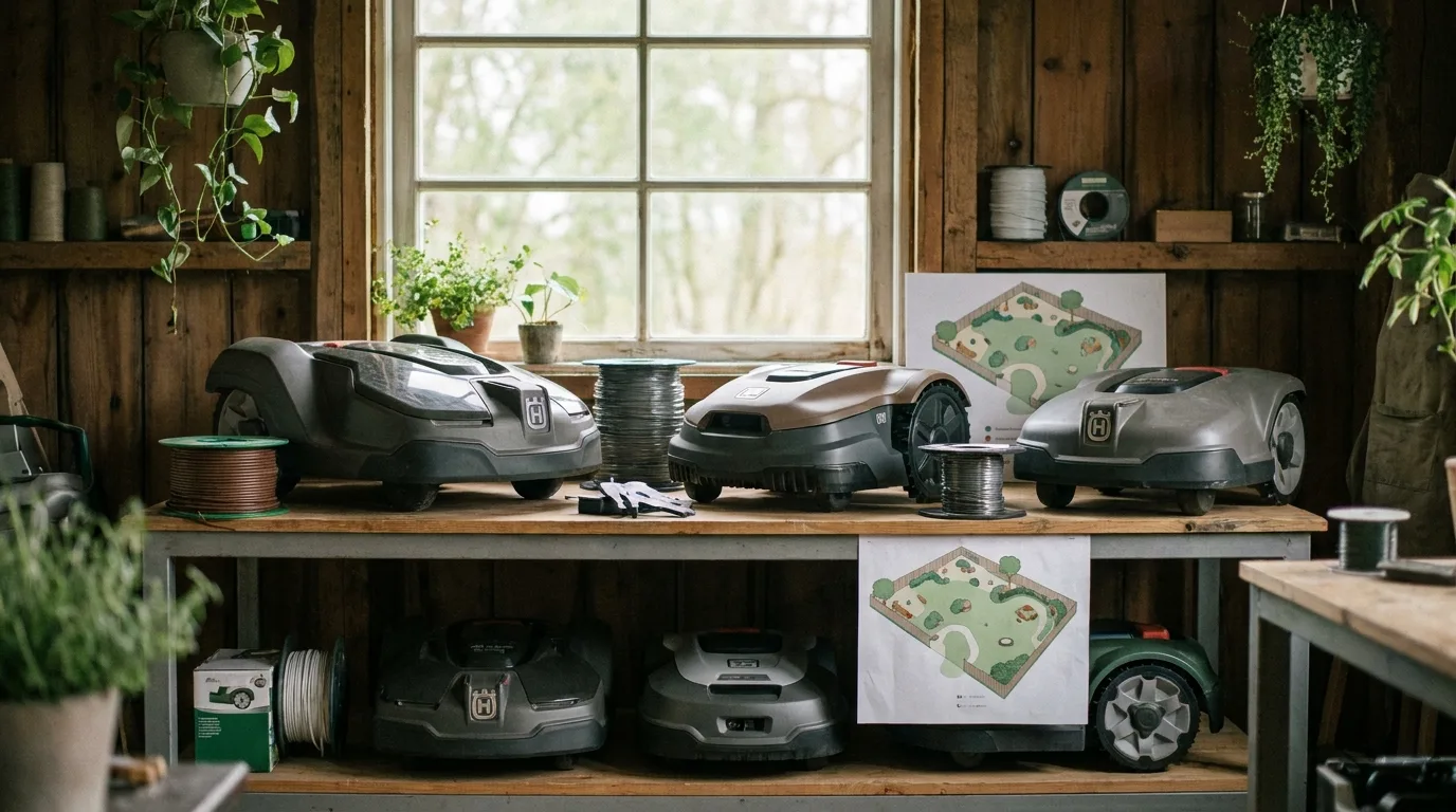 Plusieurs robots tondeuses de marques différentes alignés côte à côte
