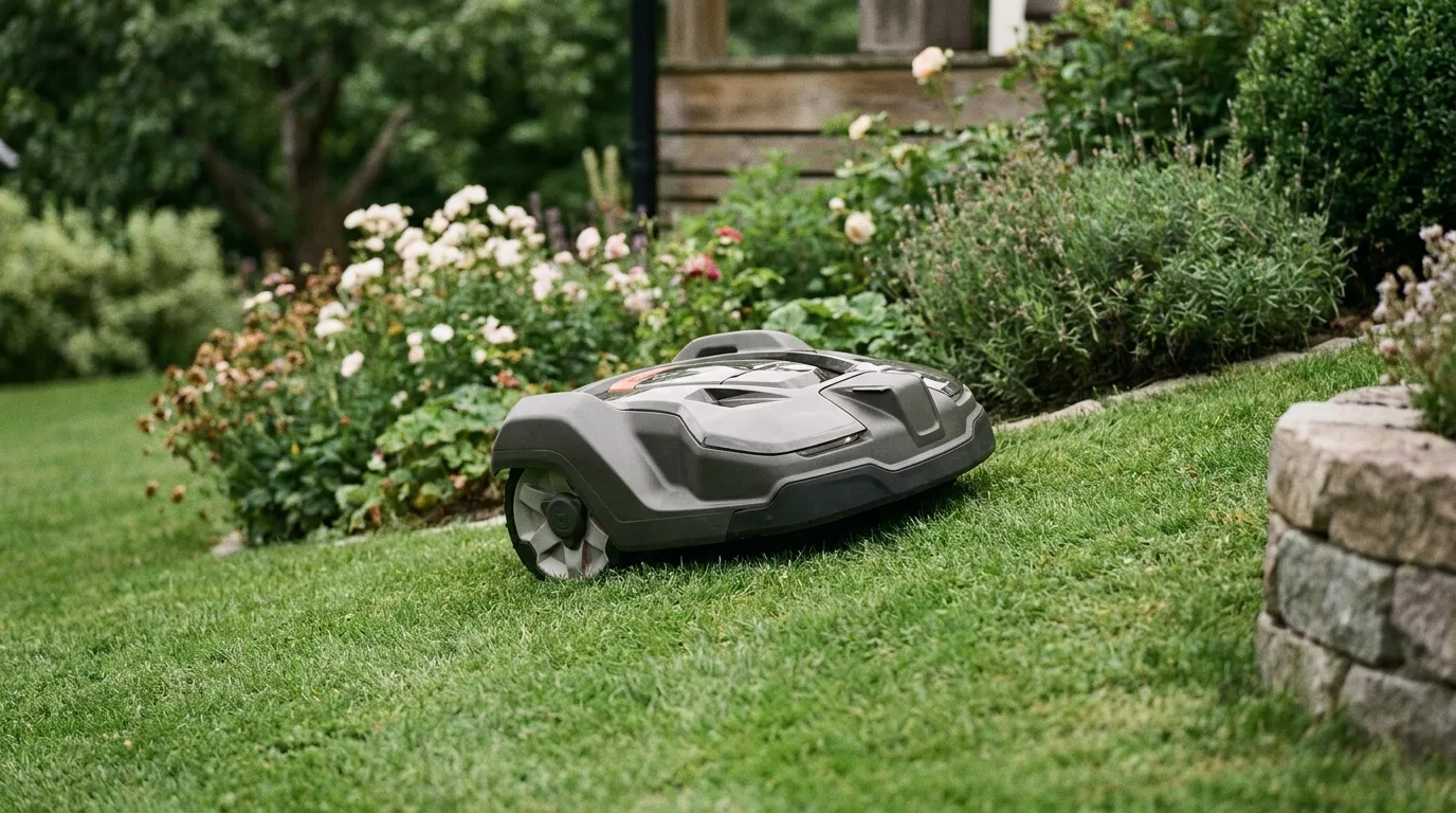 Robot tondeuse sur la pelouse d'un jardin de taille moyenne