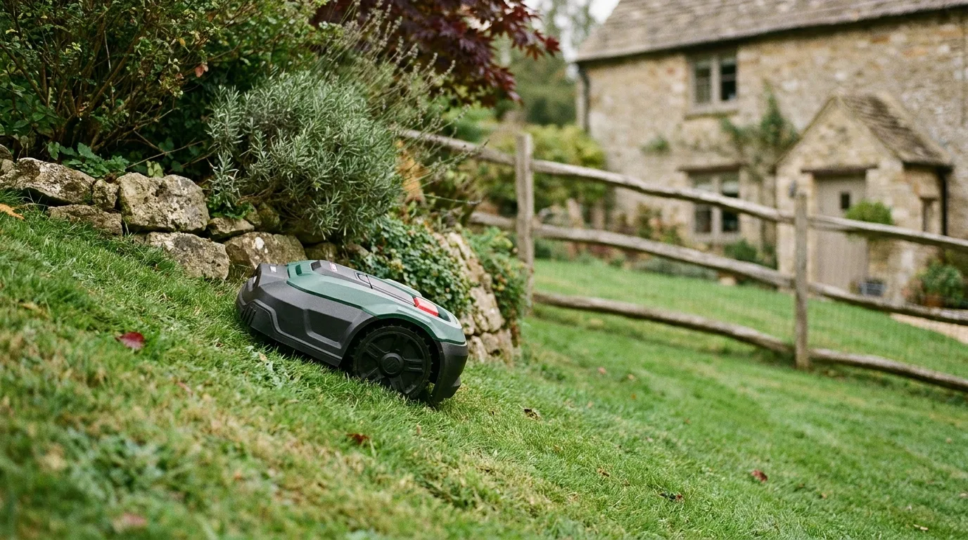 Robot tondeuse Husqvarna Automower sur sa station de charge