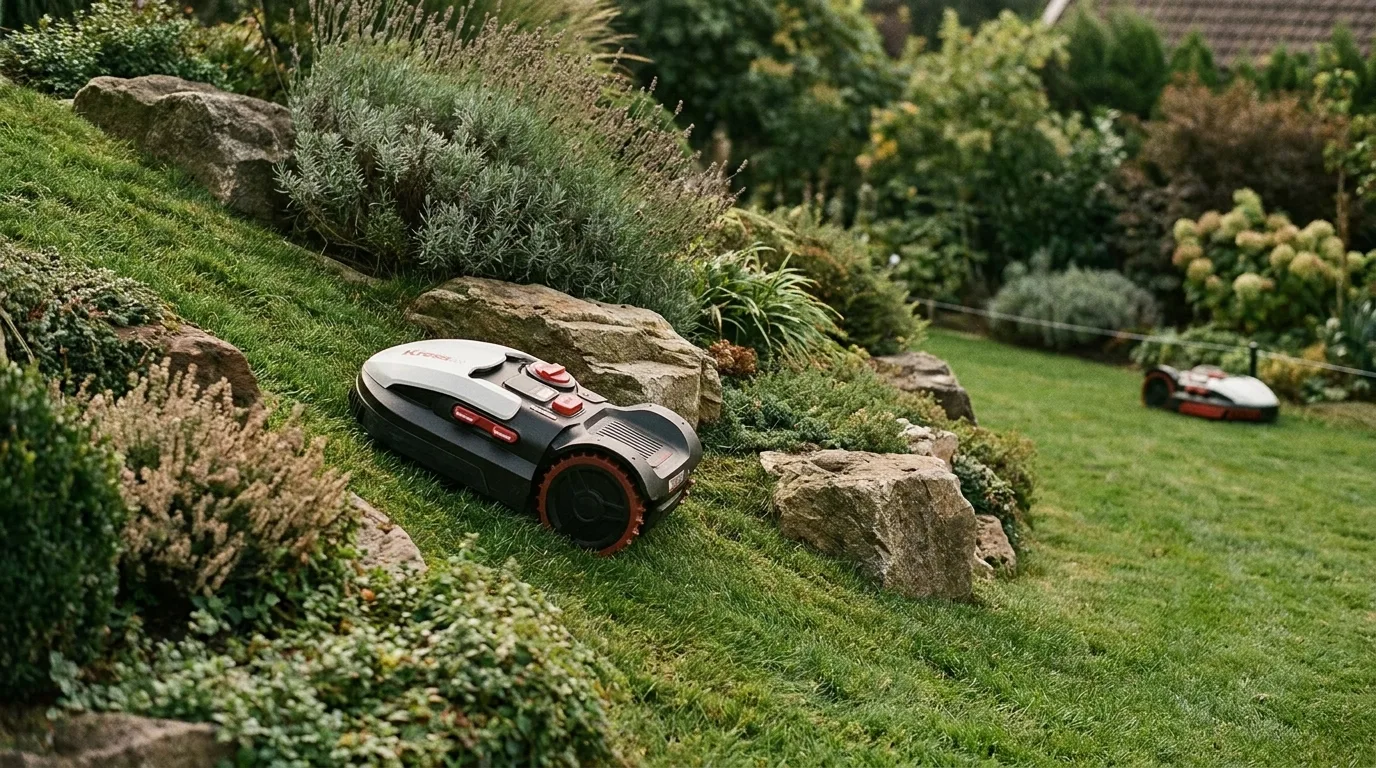 Robot tondeuse sans fil périphérique guidé par GPS dans un jardin dégagé
